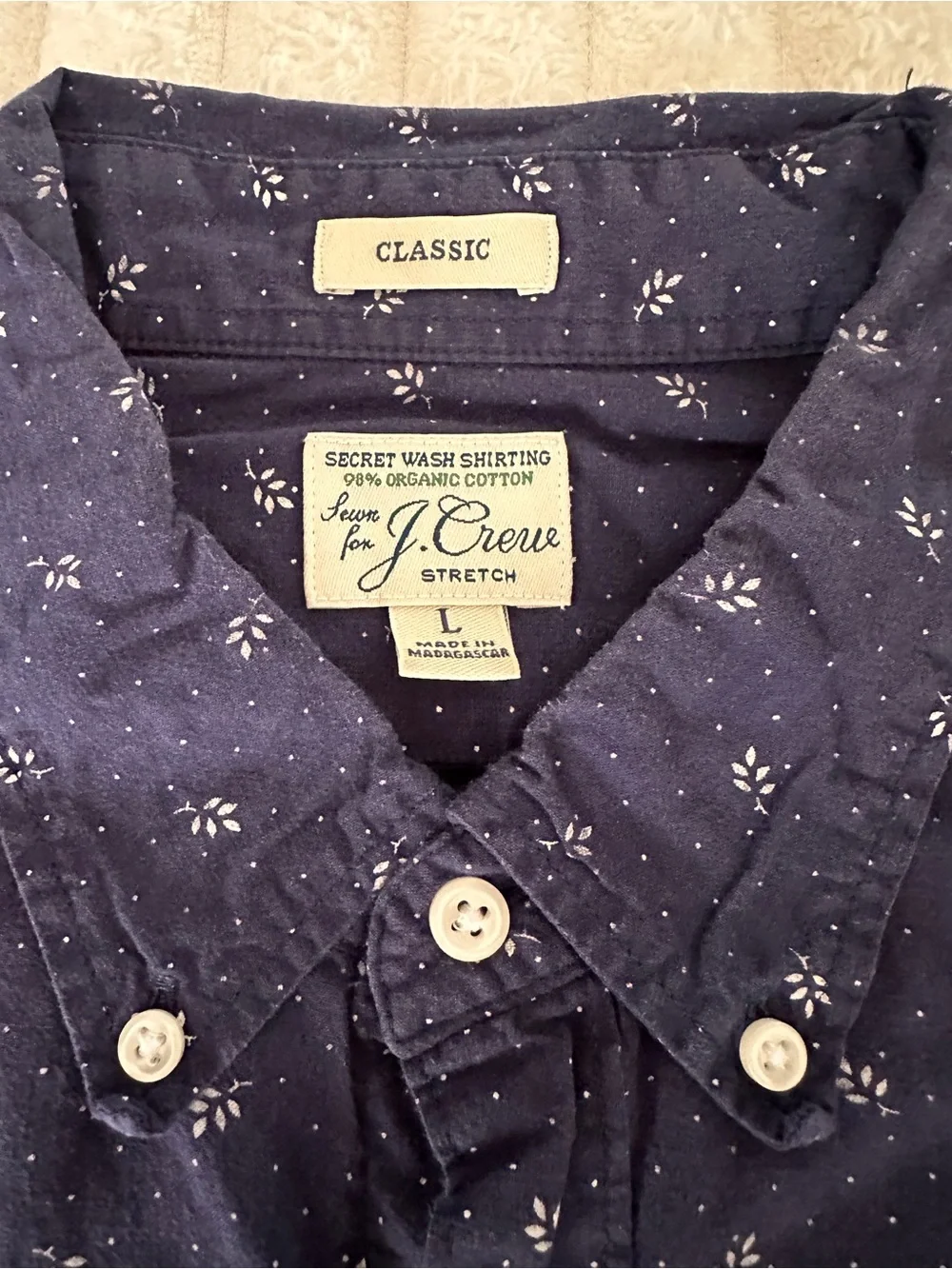 J. Crew Navy Men’s Cotton Button-Down with Small White Leaf & Dot Print